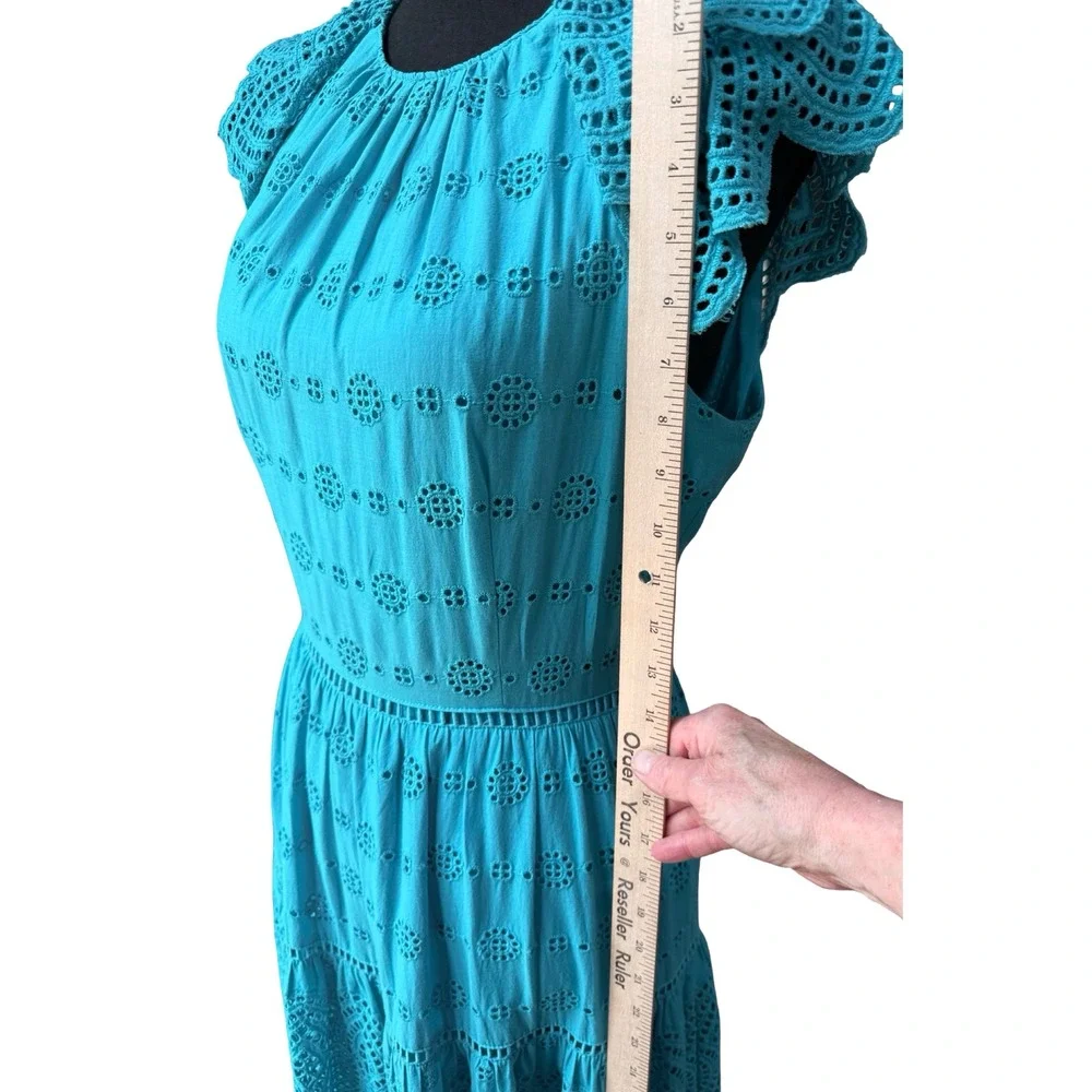 Antonio Melani Turquoise Eyelet Lace Midi Dress S10 Cotton Lined Flutter Sleeve - Picture 12 of 12